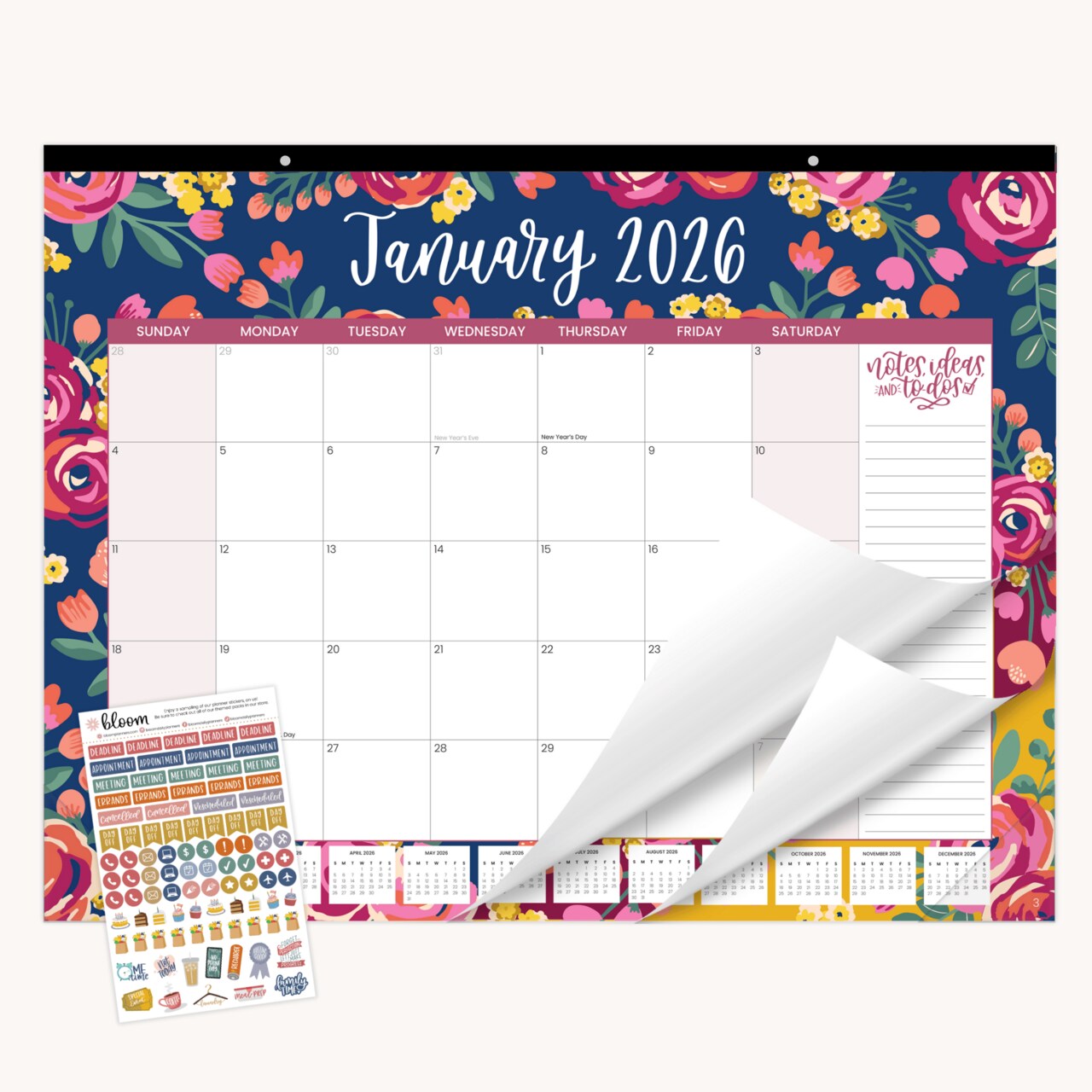 bloom daily planners 2026 Desk & Wall Calendar, 16" x 21", Vintage Floral